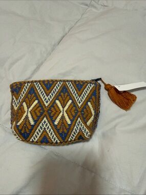 Woven/padded Geometric travel pouch - for Jewelry Blue, Mustard & Cream